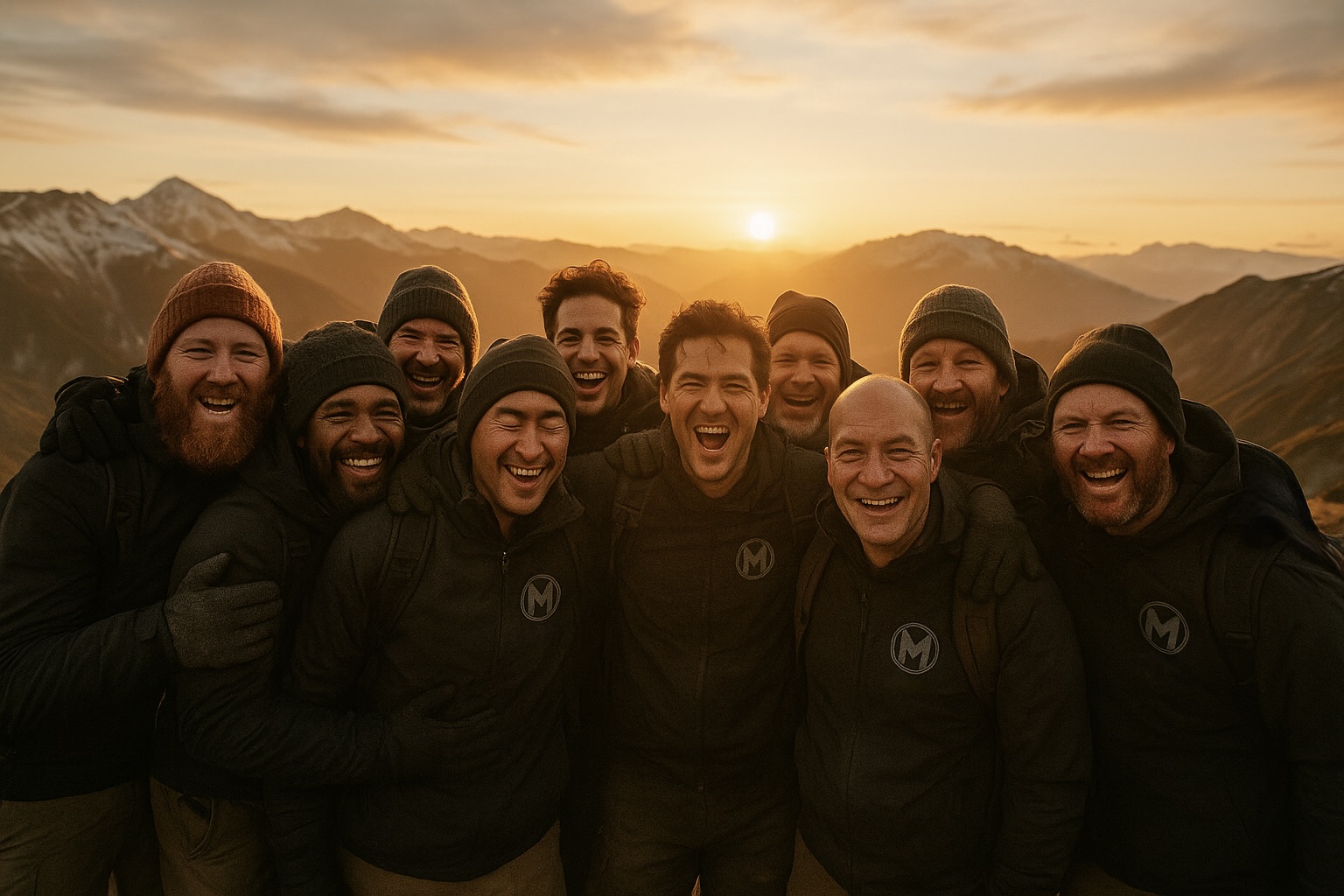 Men celebrating together after sunrise hike